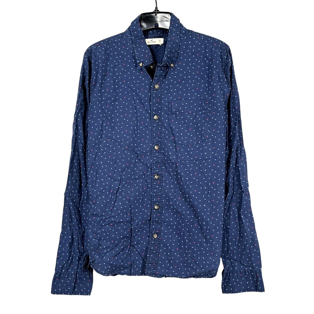 HOLLISTER Navy Blue TRIANGLE PRINT Twill 1-POCKET Long Sleeve BUTTON-UP Shirt XL